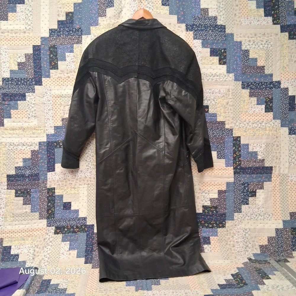 Vintage 90s Winlit Womens Leather Coat Size Medium Black Trench Duster Paisley